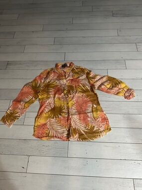 Tahari Coral Pink and Mustard Leaf Print Button-Down Shirt